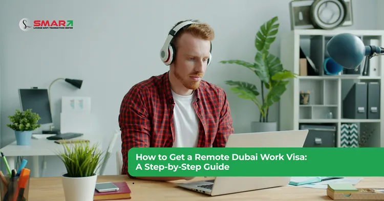 Professional working remotely on a laptop in Dubai with the city skyline in the background